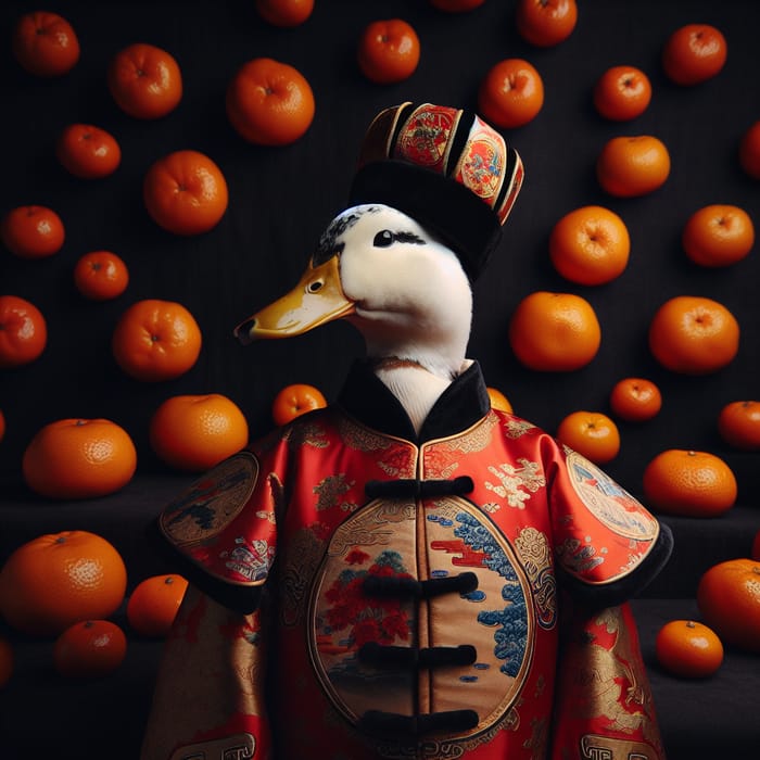 Regal Duck in Chinese Emperor Costume with Vibrant Tangerines