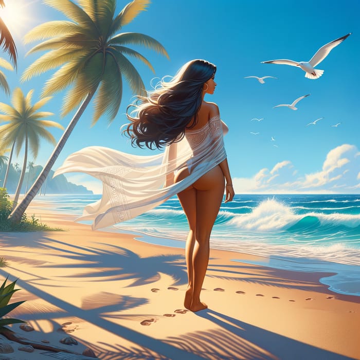 Hispanic Woman Standing on Sunny Beach | Modest Beach Attire