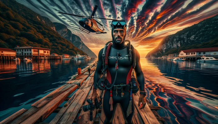 Diver in Wetsuit Watching Sunset on Pier with Helicopter | Adventure Photography