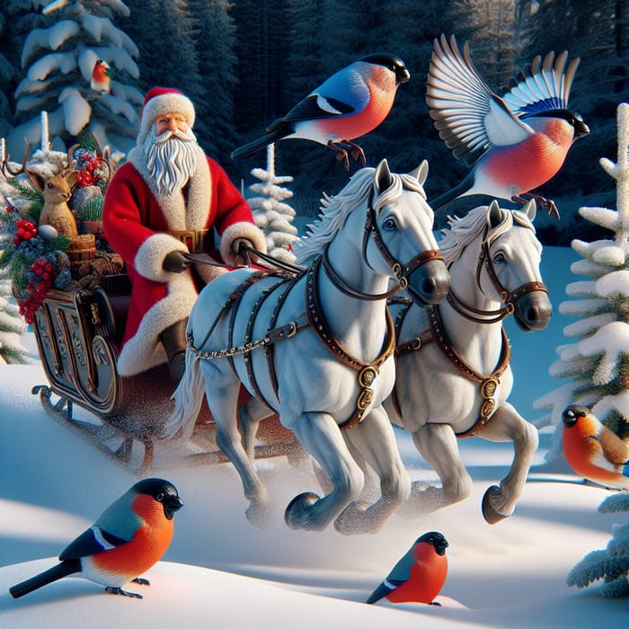 Russian Santa Claus Riding Sleigh Pulled by Three White Horses in Winter Forest