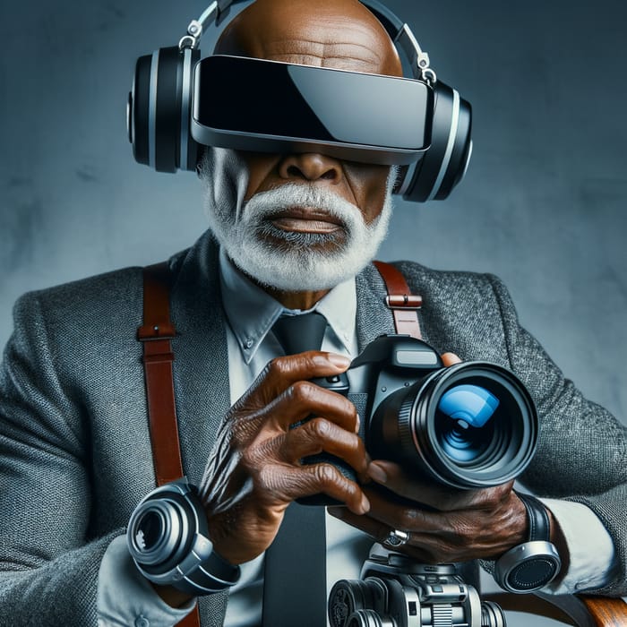 Futuristic African American Photographer with Canon Camera and Apple VR Goggles
