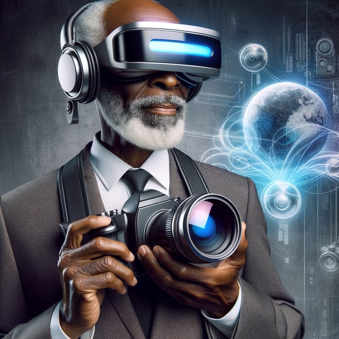 Captivating Image of Aged Black Photographer with Futuristic Camera and VR Goggles