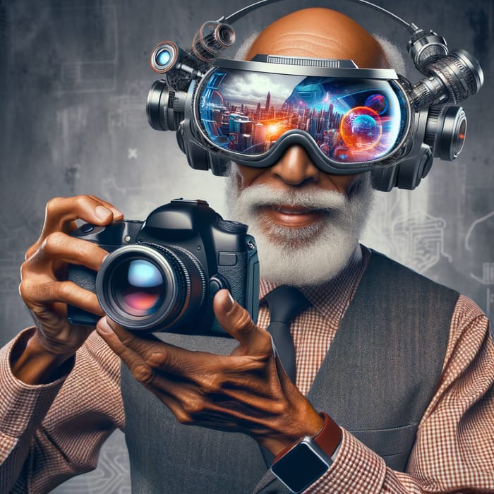 Elderly Black Futuristic Photographer with High-Tech Gear