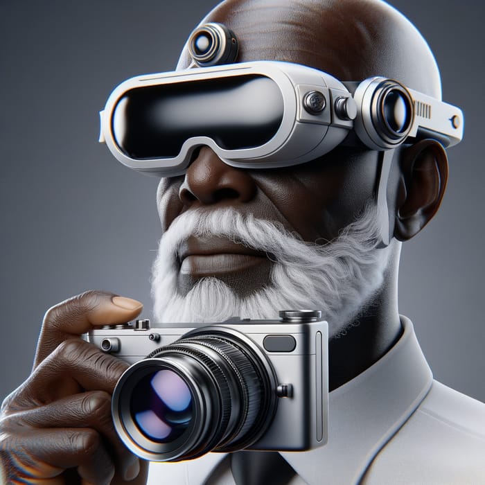 Futuristic Black Elderly Photographer with 2044 Futuristic Canon Camera