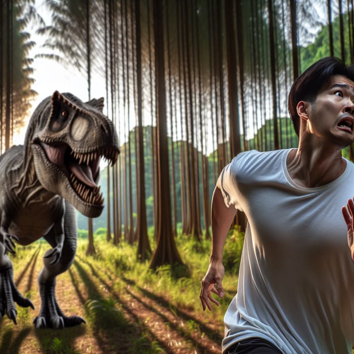 Fearful Adult Running from Dinosaur in High-Res Image