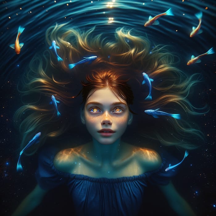 Captivating Cinematic Scene: Girl with Golden Eyes Floating in Serene Starlit Sea