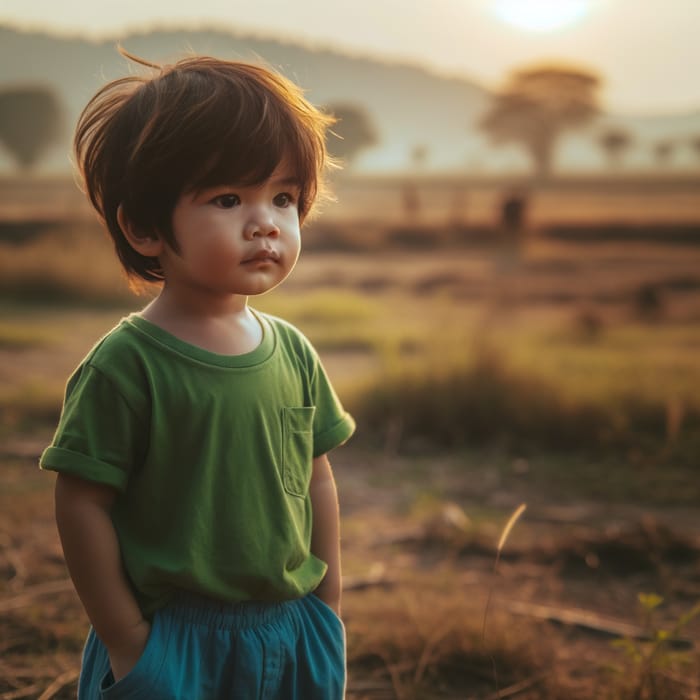 Young Boy Standing in Green Field