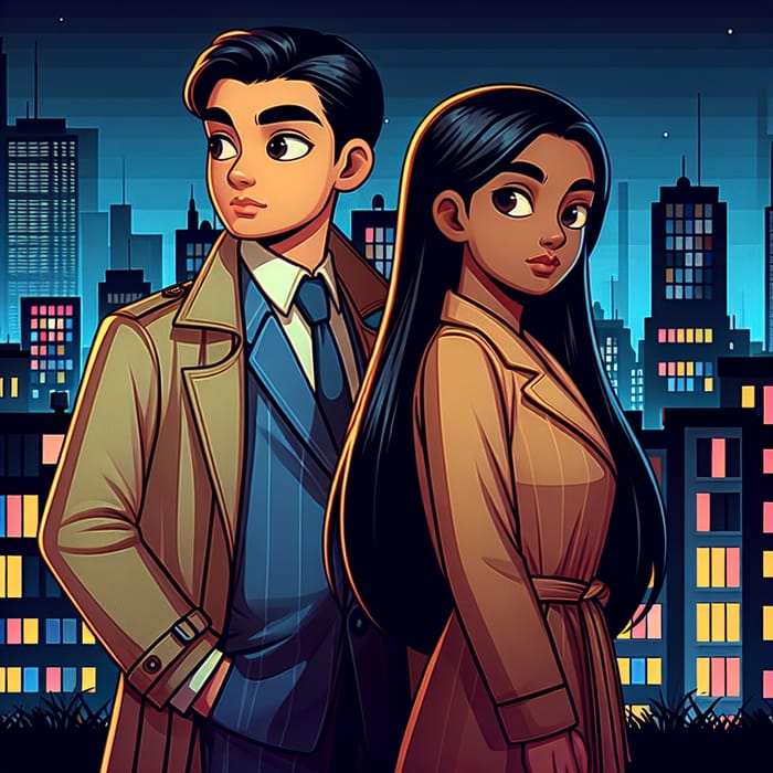 Young Detective and Girlfriend in Night City Cartoon Style