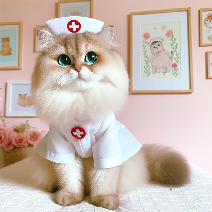 Fluffy Cat Nurse in White Uniform - Adorable Feline in Pretend Play