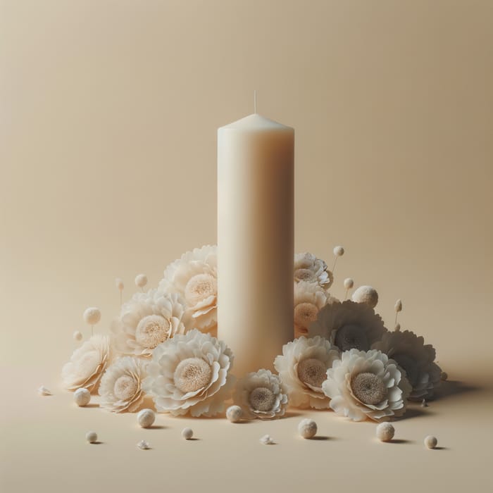Minimalistic Cream Background with Delicate White Flowers and Pillar Candle