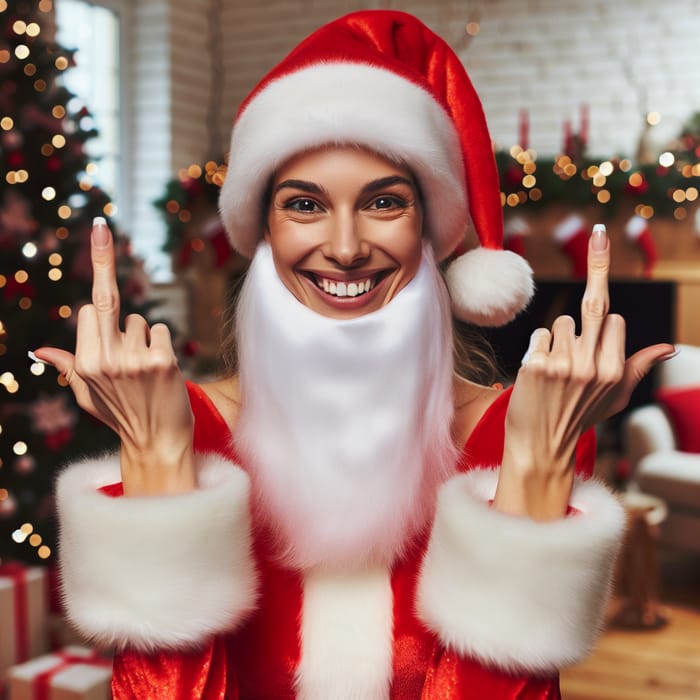 Sassy Santa Woman with 2 Middle Fingers Up in Red & White Suit
