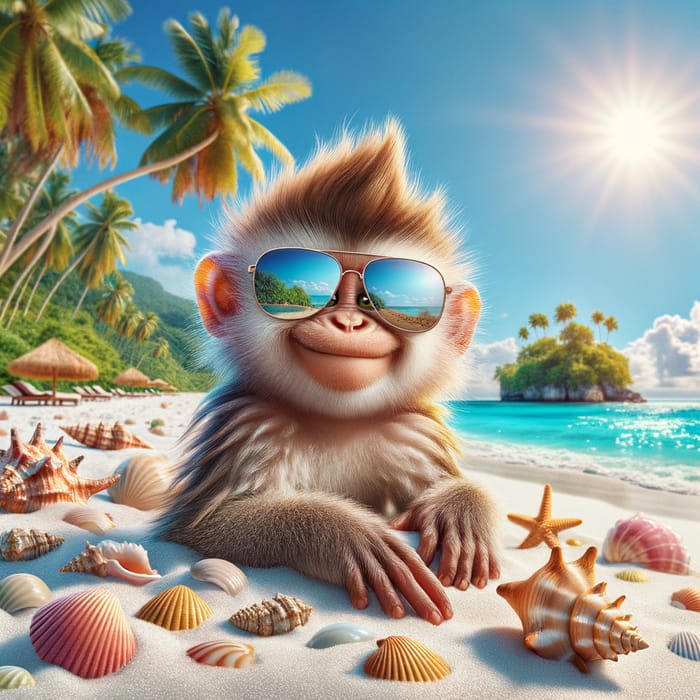 Jovial Monkey at Beach: Relaxing Scene with Trendy Sunglasses