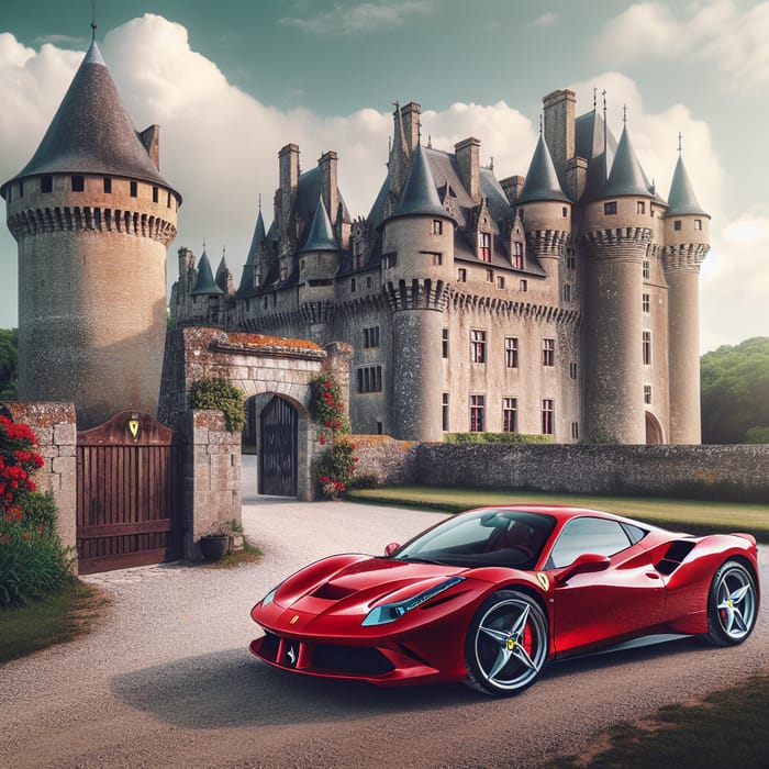 Ferrari Car Outside Medieval Castle - Timeless Contrast