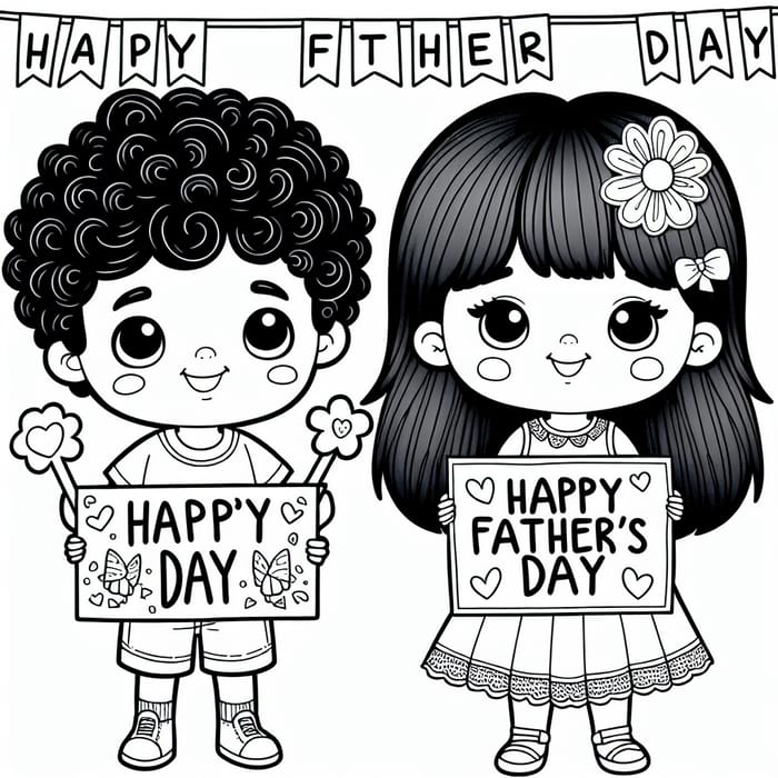 Father's Day Coloring Page with Boy and Girl for Kids