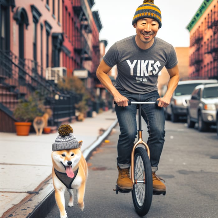 Chinese man on unicycle with Shiba Inu in Brooklyn
