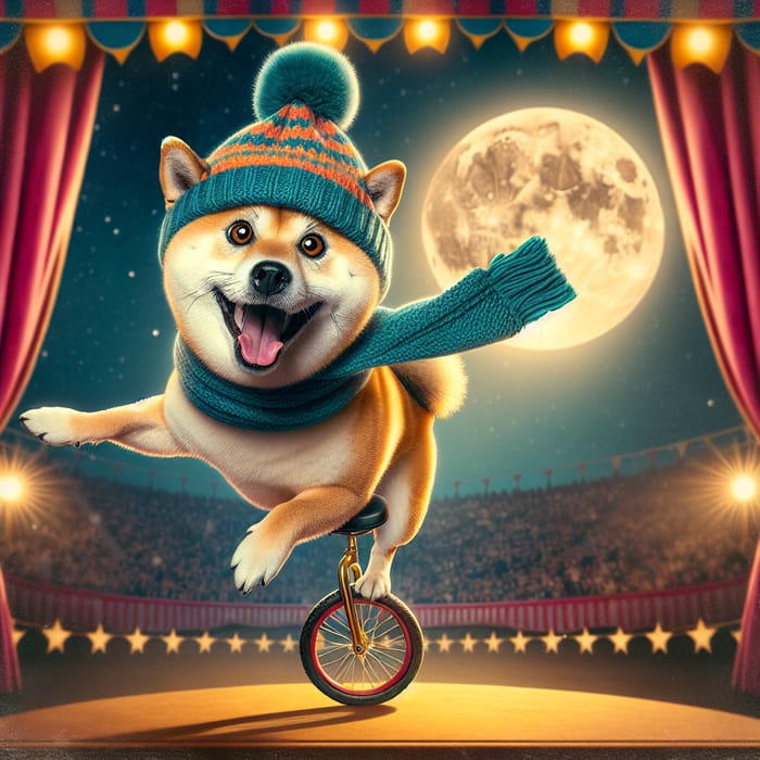 Vintage Circus Shiba Dog Balancing on Unicycle in Moonlight