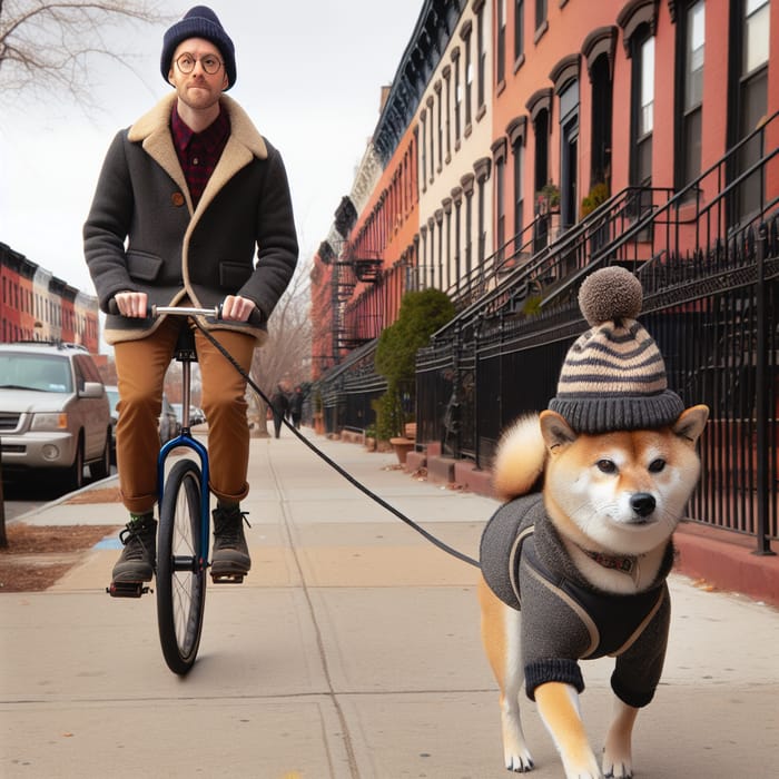 Yikes Man Riding Unicycle in Brooklyn with Discontent Shiba Inu