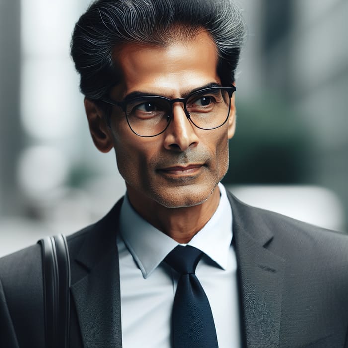 Middle-Aged South Asian Man in Sharp Suit and Glasses