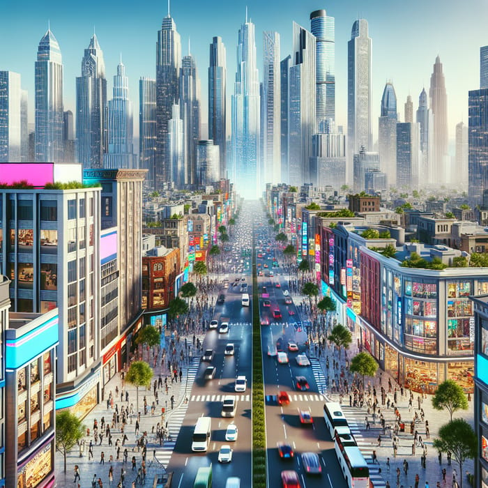 Bustling Cityscape with Diverse Urban Vibe | Vibrant People and Tall Buildings