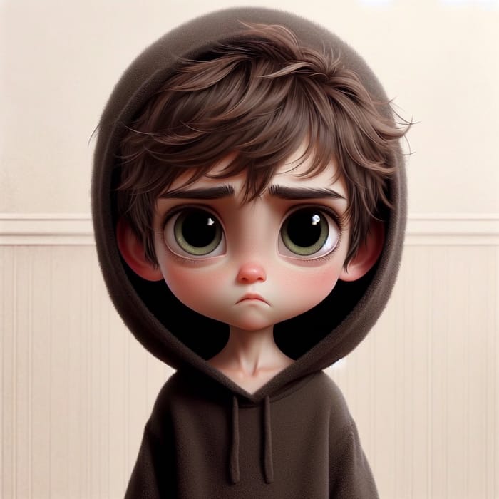 Cute Angry Boy with Fluffy Brown Hair in Dark Hoodie