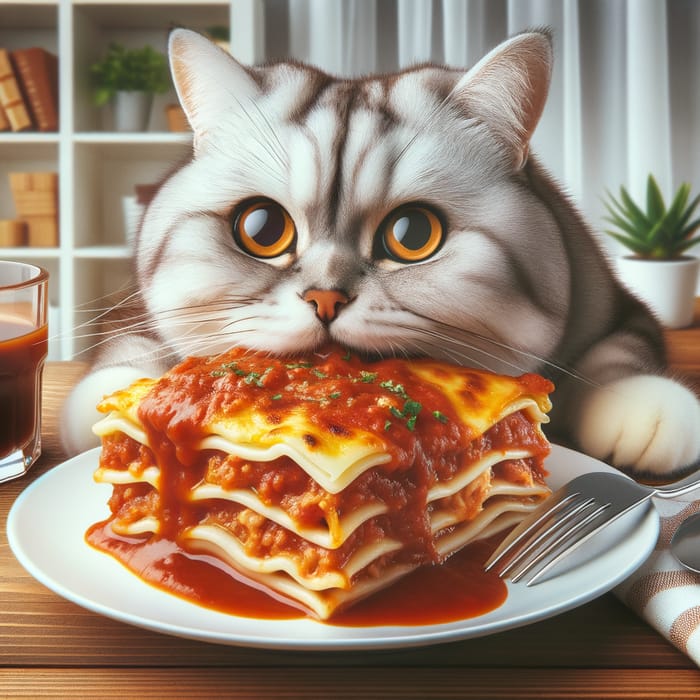 Cat Eating Lasagna - Adorable Feline Enjoying a Meal