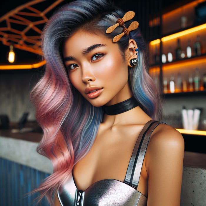 Stylish Woman with Pink-Blue Hair, Tribal Tattoo, and Futuristic Bra