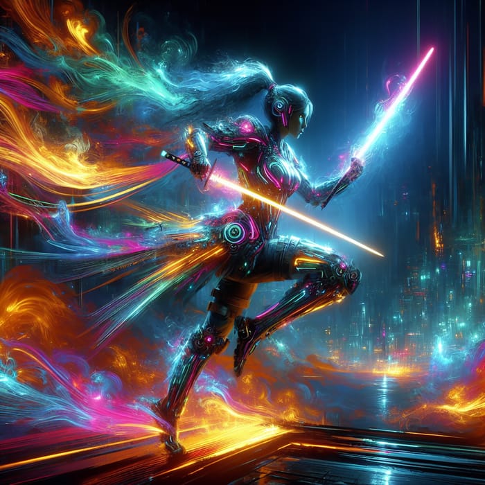 Dynamic Cyberpunk Warrior in Vibrant Neon Armor