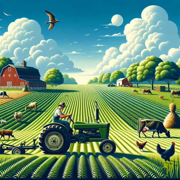 Realistic Agriculture Scene: Green Field, Crops, Tractor & Farm Animals