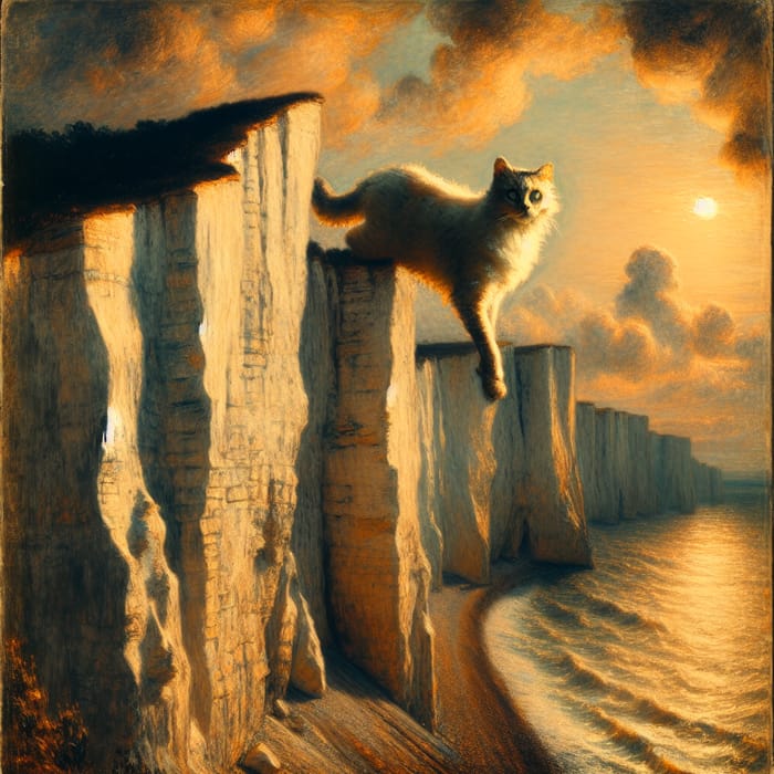 Cat on Chalk Cliffs: Mystical Scene Inspired by Caspar David Friedrich