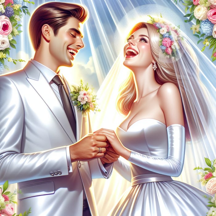 White Wedding: Happy Couple in Marriage Gowns Exchanging Vows