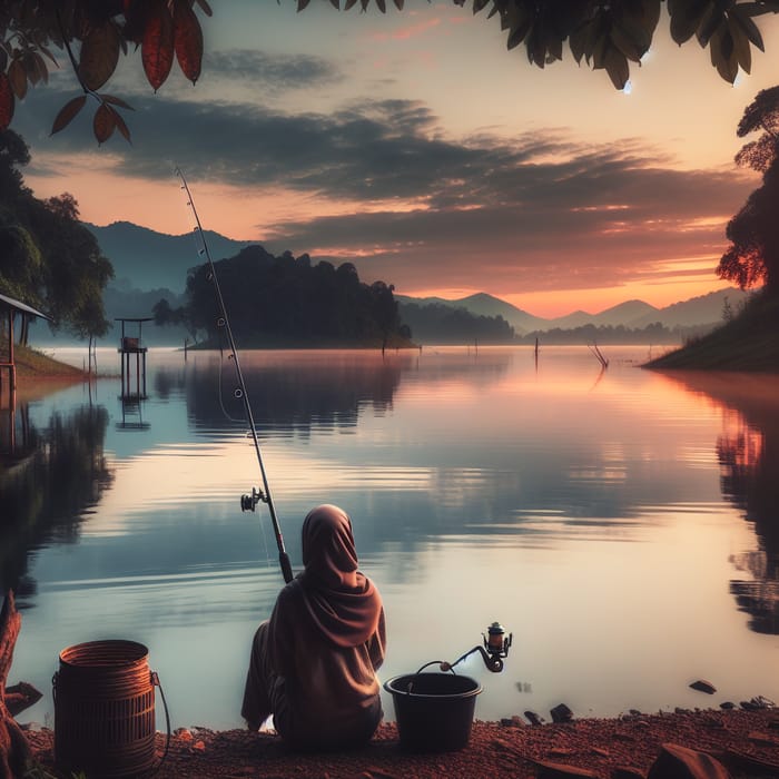 Serene Fishing Moment at Sunset by a Calm Lake