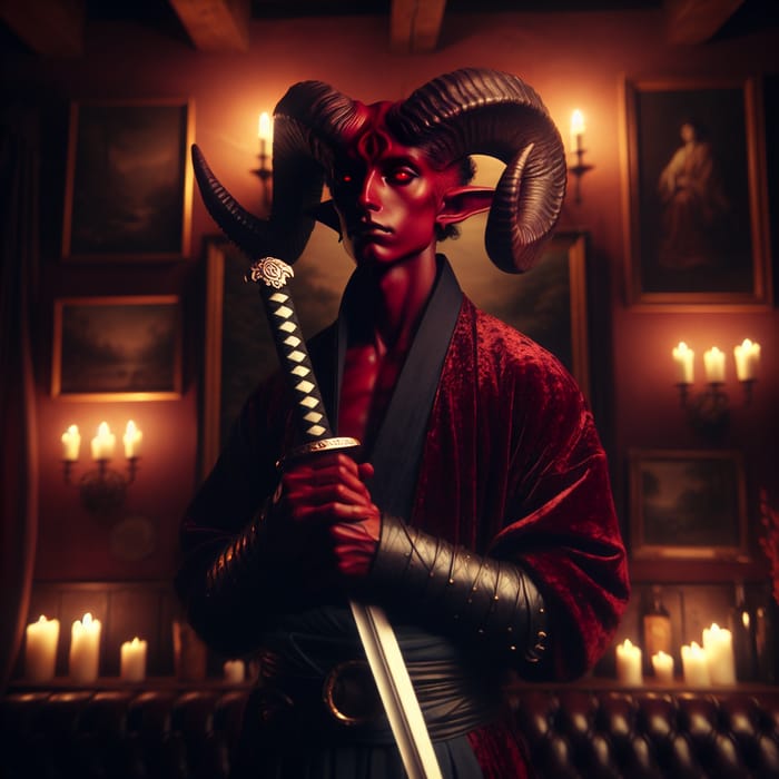 Crimson Tiefling with Katana: Dark Fantasy Scene in Candlelit Tavern