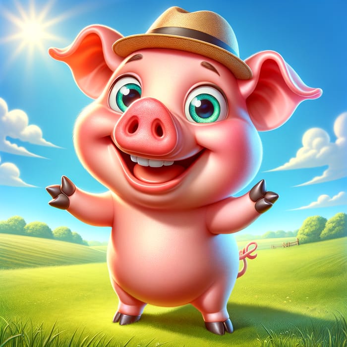 Humorous Pink Pig Cartoon | Sunny Meadow Scene