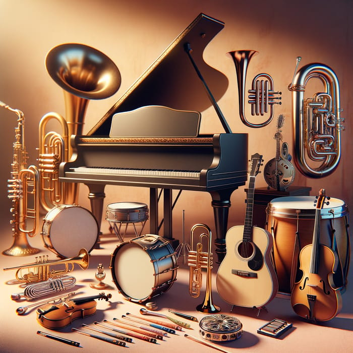 Musical Instruments Scene: Piano, Trumpet, Violin, Guitar, Drums & More