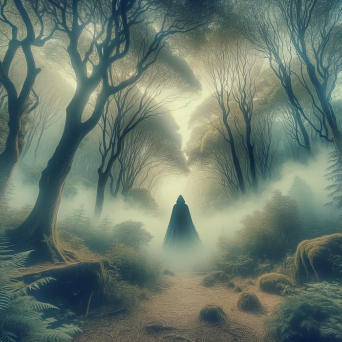 Enchanted Forest: Ethereal Cloaked Figure in Mist | Magic Scene