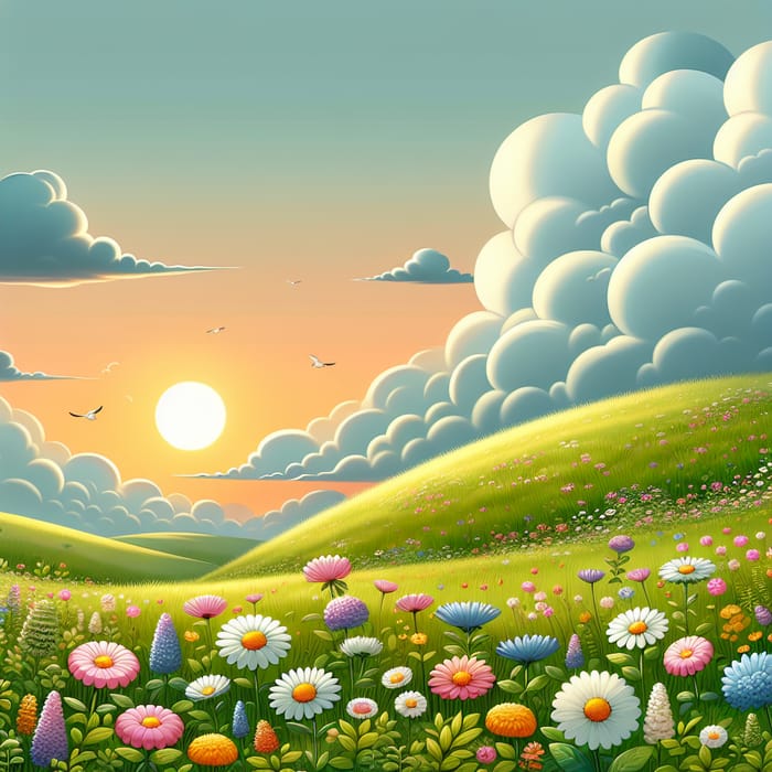 Lush Hill with Blossoming Pastures and Sunrise Sky