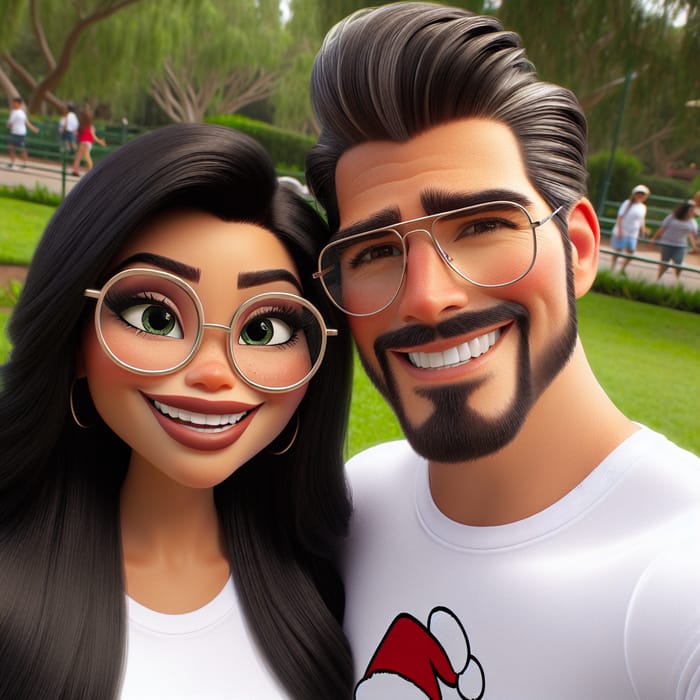 Disney Pixar Style Couple in Park with Christmas White Tees