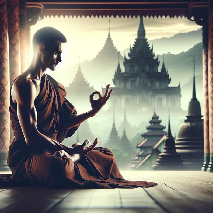 Monk Demonstrating Intense Technique in Serene Temple Atmosphere