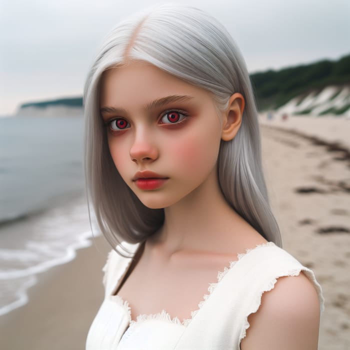 Palid-Skinned Girl with Silver Hair on Beach | Ethereal Beauty