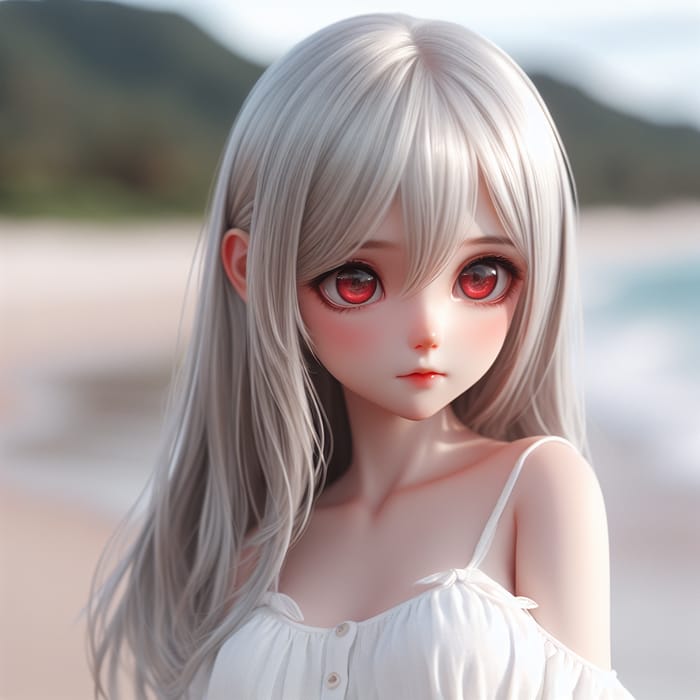 Silver-Haired Girl on Beach in White Dress | Red Pupil Coastal Stare