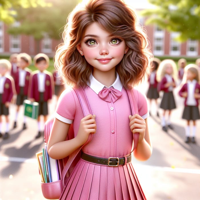 Enthusiastic Nordic Schoolgirl in Pink Uniform | Bright Schoolyard Scene