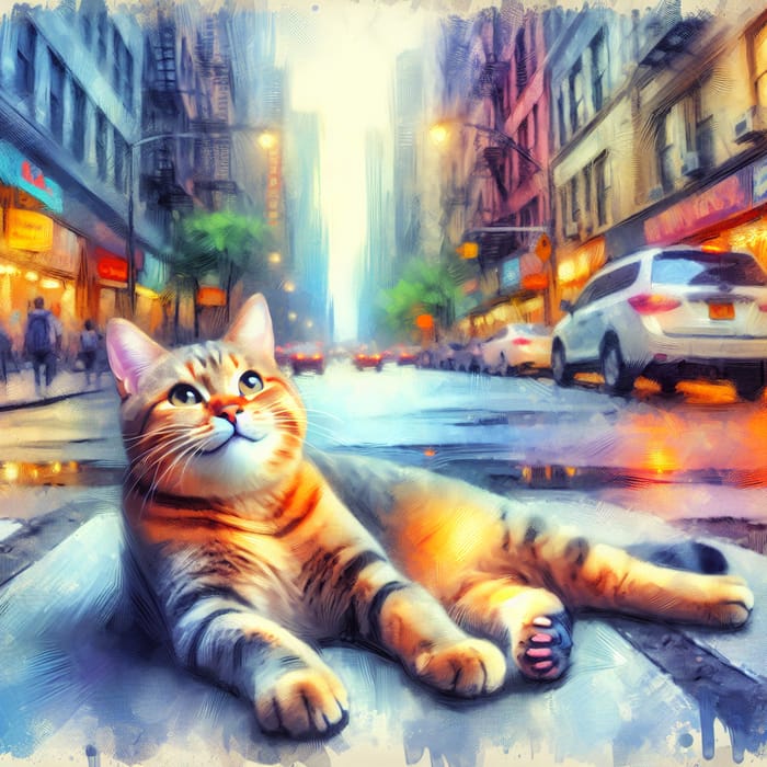 Colorful Tabby Cat Relaxing on City Street | Playful Illustration