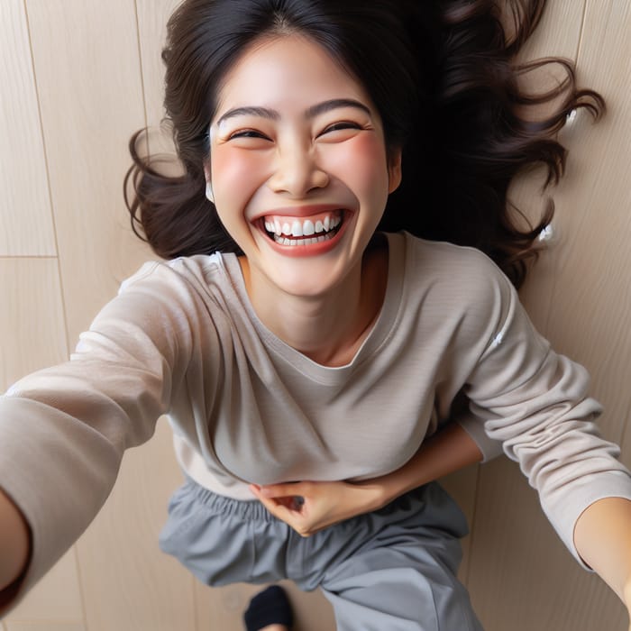 Joyful Asian Woman Tickled - Top View Tickling Scene
