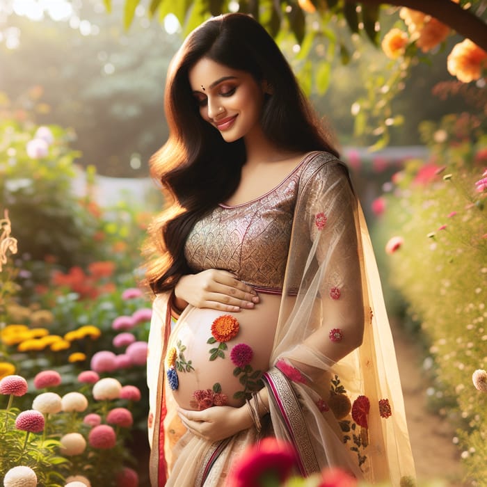 Indian Pregnant Woman in Traditional Saree - Serene Garden Scene