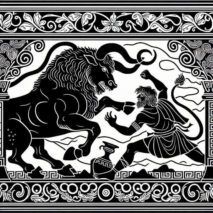 Theseus vs Minotaur: Greek Mythology Lineart Silhouettes