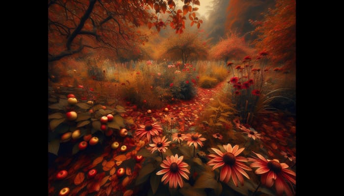 Melancholic Autumn Garden: Decaying Splendor and Blooming Beauty
