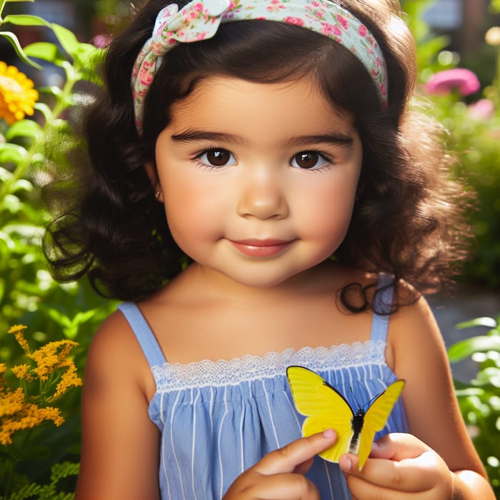 Young Hispanic Girl Playing with Yellow Butterfly in Garden