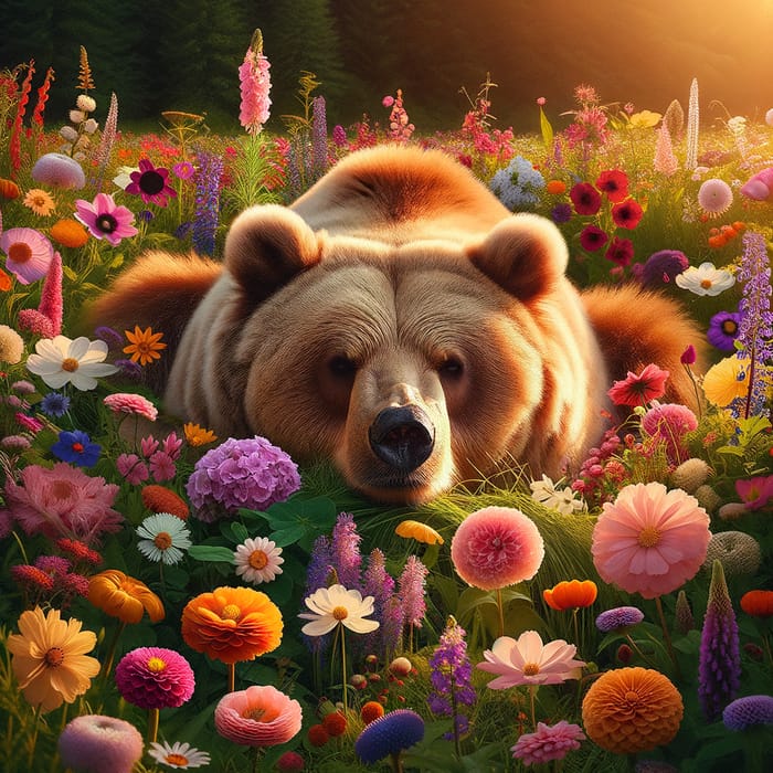 Peaceful Bear in Lush Meadow Surrounded by Vibrant Blooming Flowers