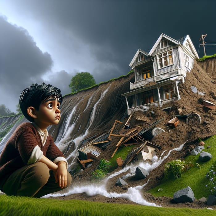 Realistic House at Risk with Child | Dramatic Landslide Scene