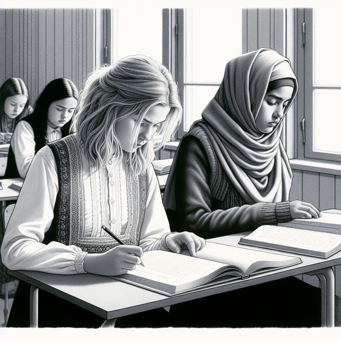 Multicultural School Setting in Norway - Students Studying with a Veiled Girl